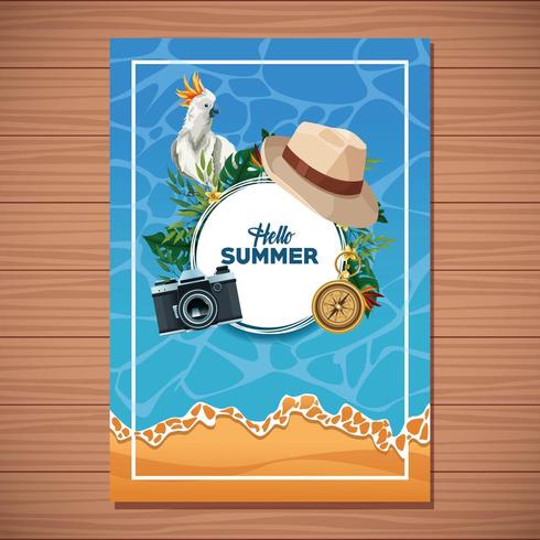 Hello summer card on wooden background vector