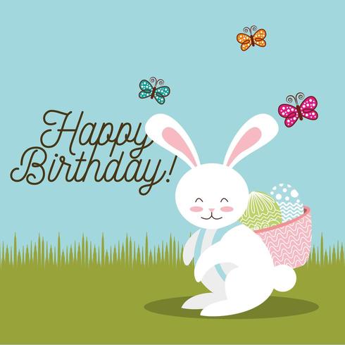 happy birthday card with bunny carrying basket easter eggs  vector