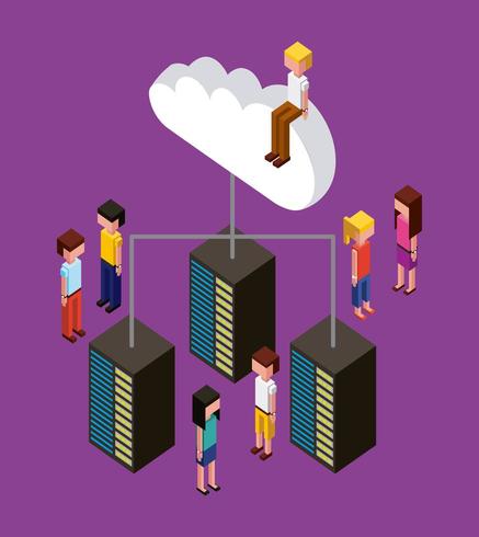 isometric people sitting on cloud and standing around servers vector