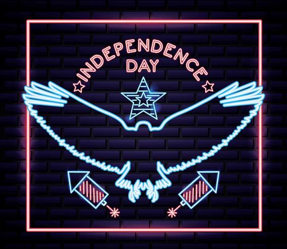 american independence day neon sign with eagle and firecrackers vector