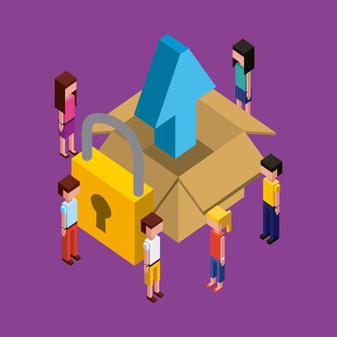 isometric people with open box upload arrow and lock vector