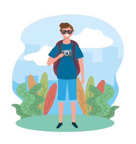 travel man wearing sunglases with camera and backpack vector