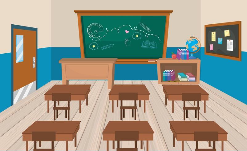 Aula de educación con escritorios y libros con pizarra vector