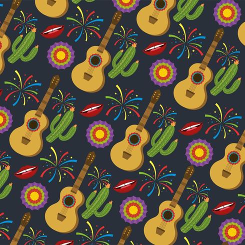 guitar with cactus plants and flowers pattern vector