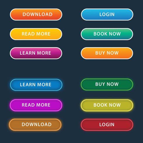 Trendy vector glowing, neon buttons for web design