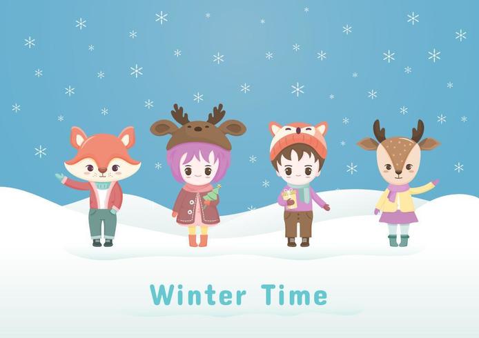 Personajes animales de dibujos animados de Navidad en el fondo de invierno. vector