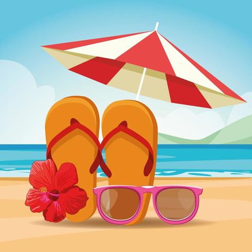 sandalias gafas de sol y sombrilla en la playa vector