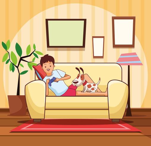 Teenager with videogame and dog cartoon vector