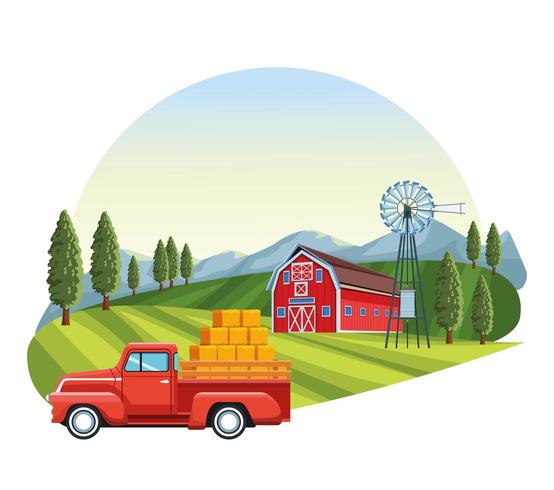 Truck suv carrying straw with barn in background vector