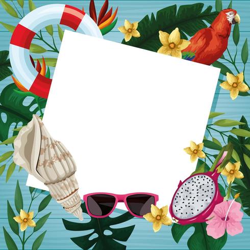 Blank white card on wooden background with summer elements vector