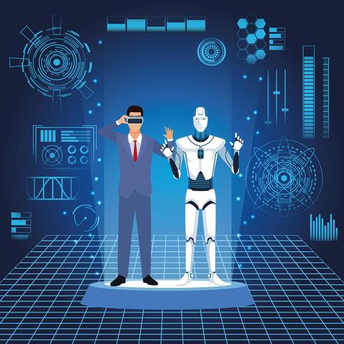 humanoid robot and businessman with futuristic elements vector