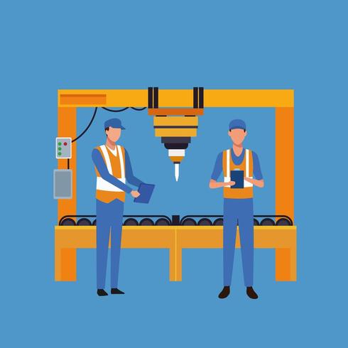 Factory workers operating machinery cartoon vector