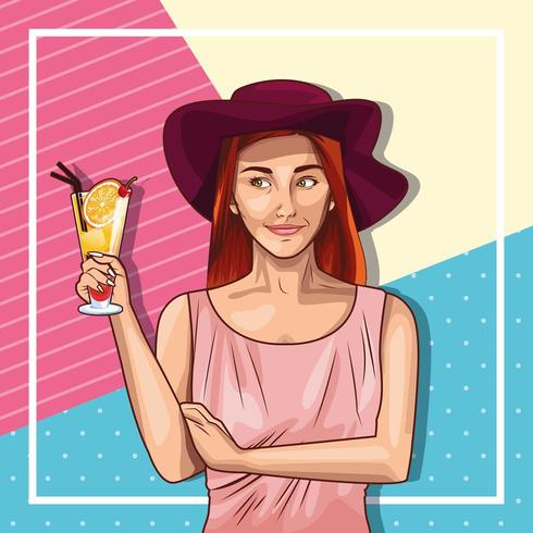 Pop art woman wearing hat and holding drink vector