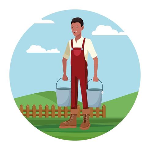 Farmer working in camp holding milk buckets cartoon vector