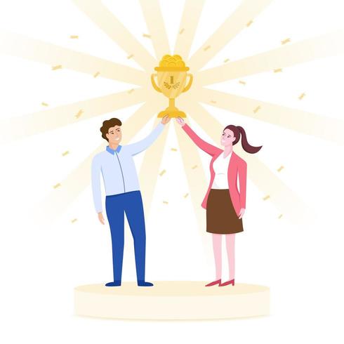 Team celebrating success concept, male and female holding a golden cup together. vector