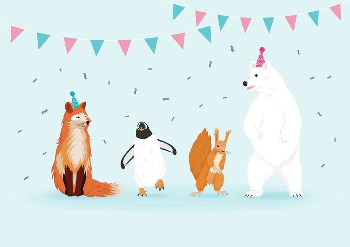 Conjunto de animales de invierno. Felices animales salvajes en la fiesta. vector