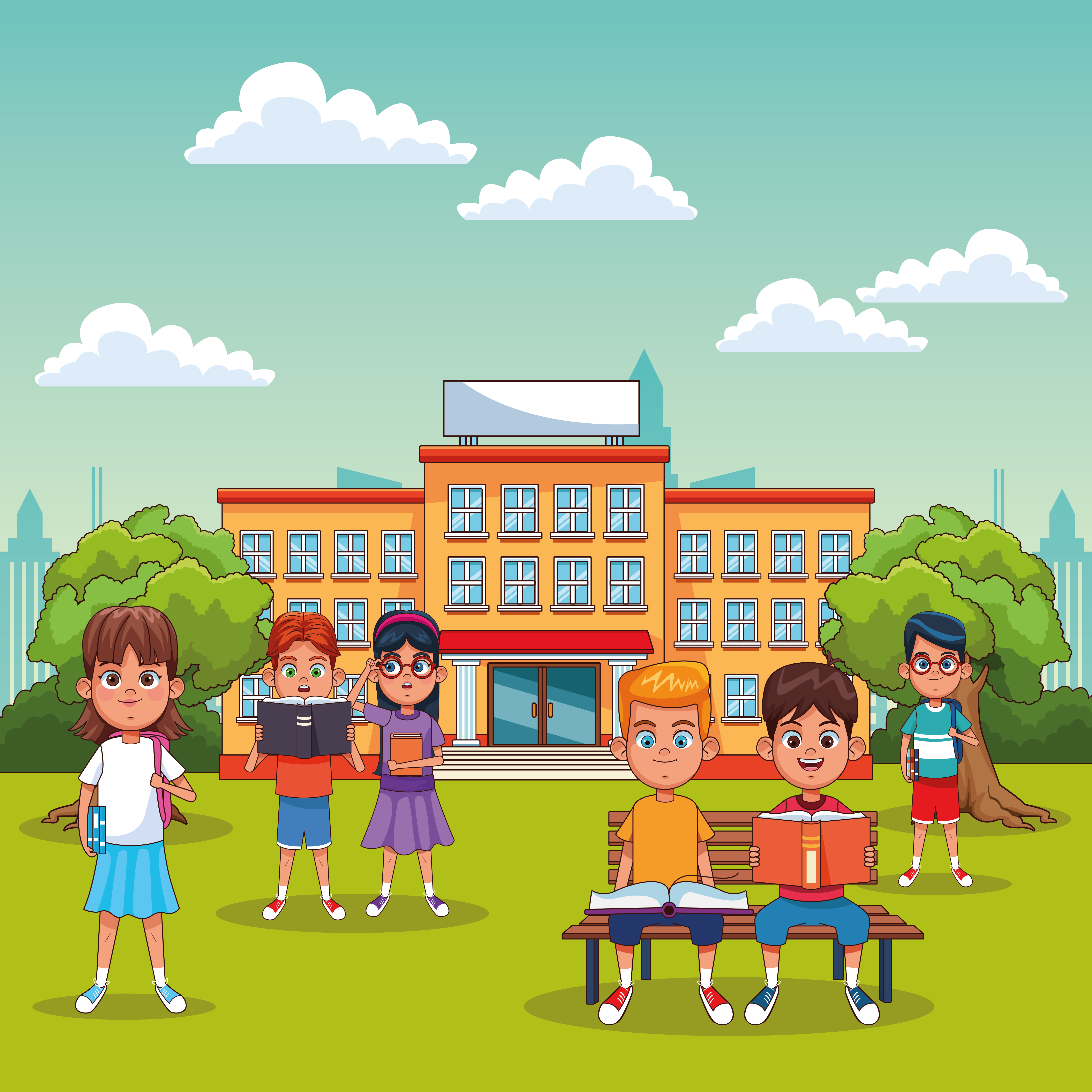 Kid students in outdoor school scene - Download Free Vectors, Clipart