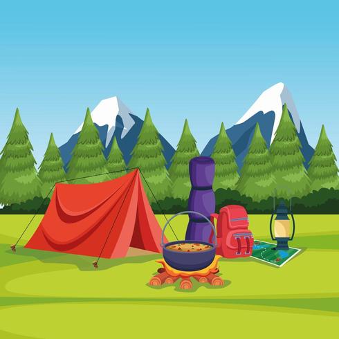 elementos de camping en un paisaje rural vector