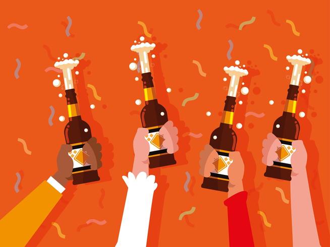 hands with bottles beers toasting celebration party vector