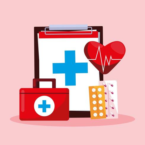 world health day card with clipboard and first aid kit vector