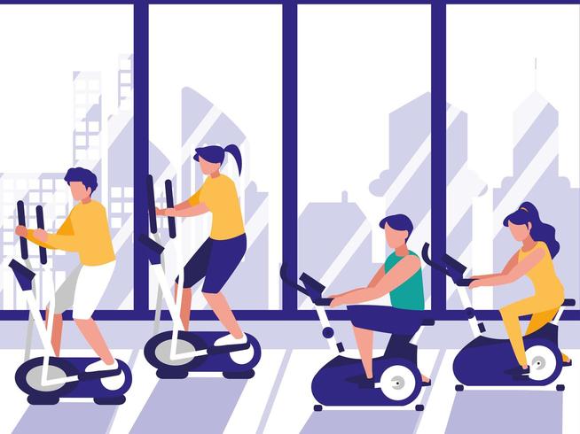 Personas en clase de spinning en el gimnasio vector