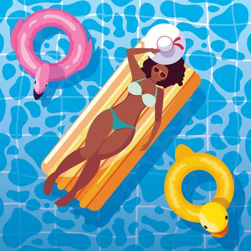 woman afro tanning in float on the pool vector