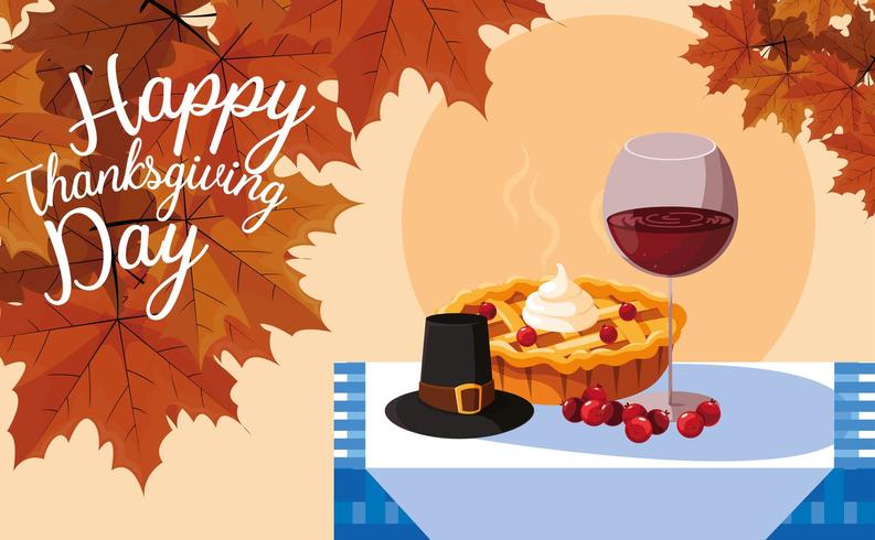 pilgrim hat with pie and cup wine in table vector