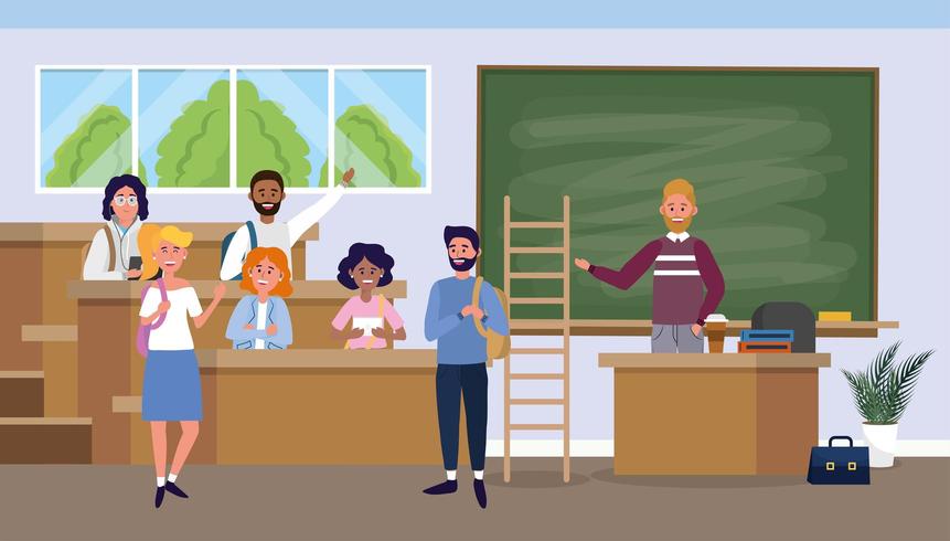 man teacher with students in the university classroom vector