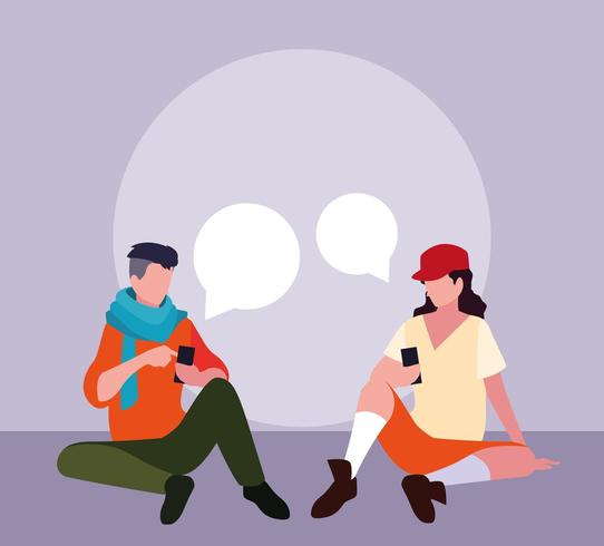 young men sitting using smartphones with speech bubbles vector