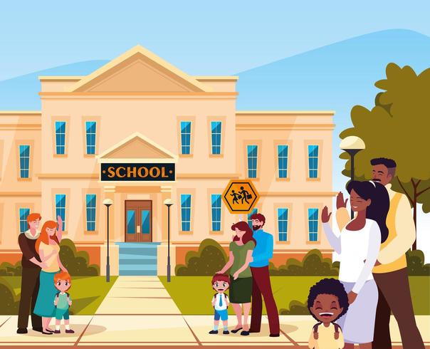 facade of school with parents and children vector