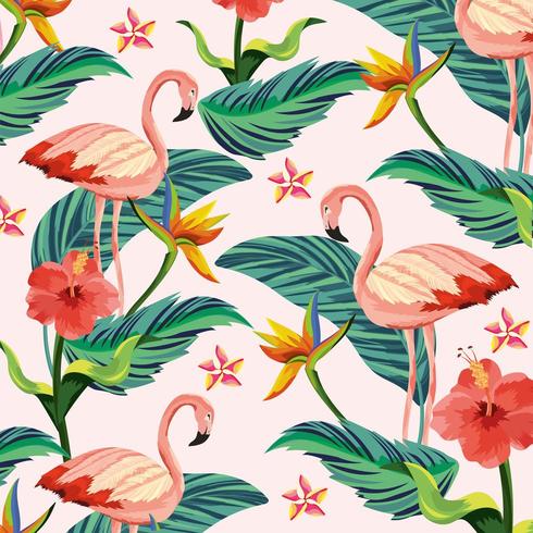 tropical flamingos with flowers plants and leaves background vector