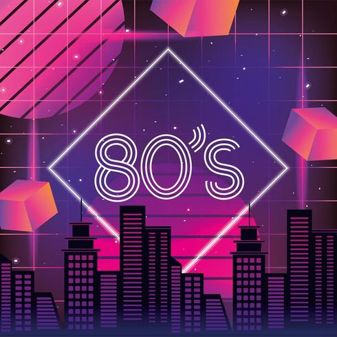 Neon 80s style graphic with skyline vector