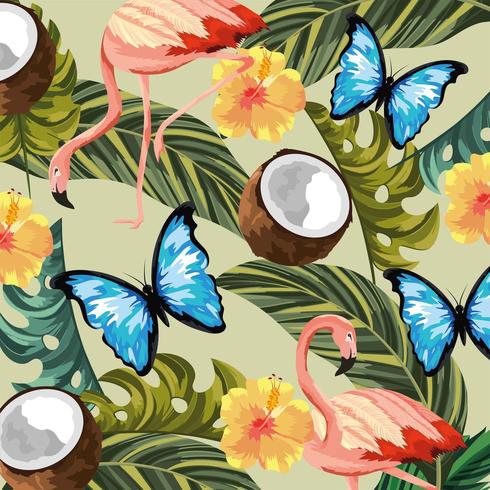 Patrón de mariposas con flamencos y flores vector