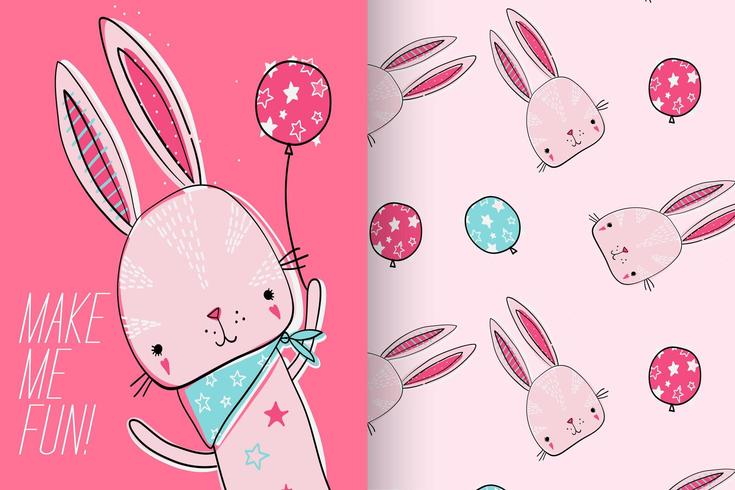 Hand drawn cute bunny with pattern set vector