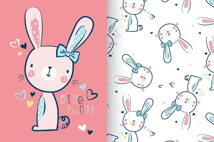 Hand drawn cute bunny with pattern set vector