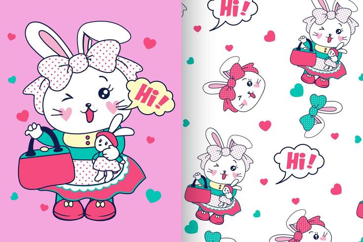 Hand drawn cute bunny with pattern set vector