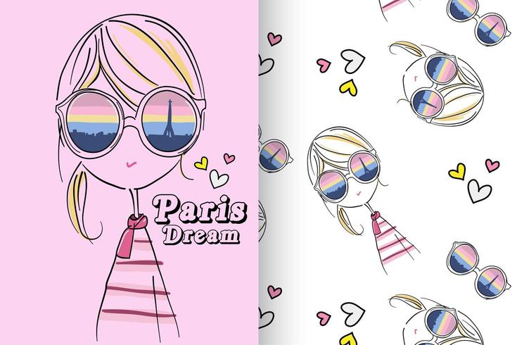 Hand drawn cute girl with pattern set vector