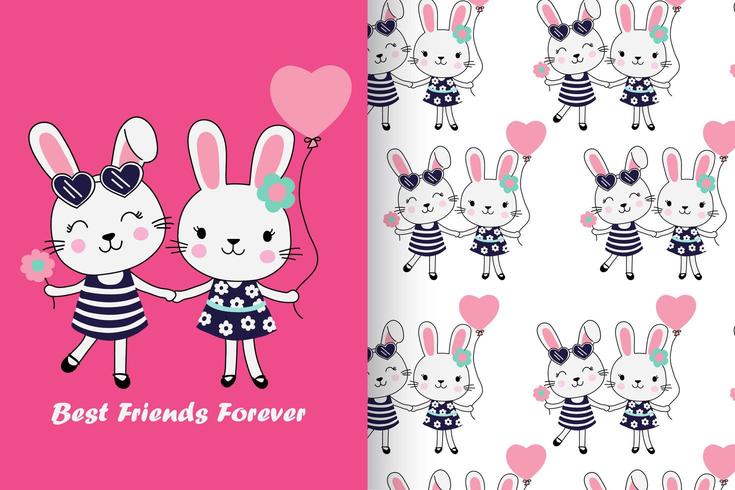 Hand drawn cute bunny with pattern set vector