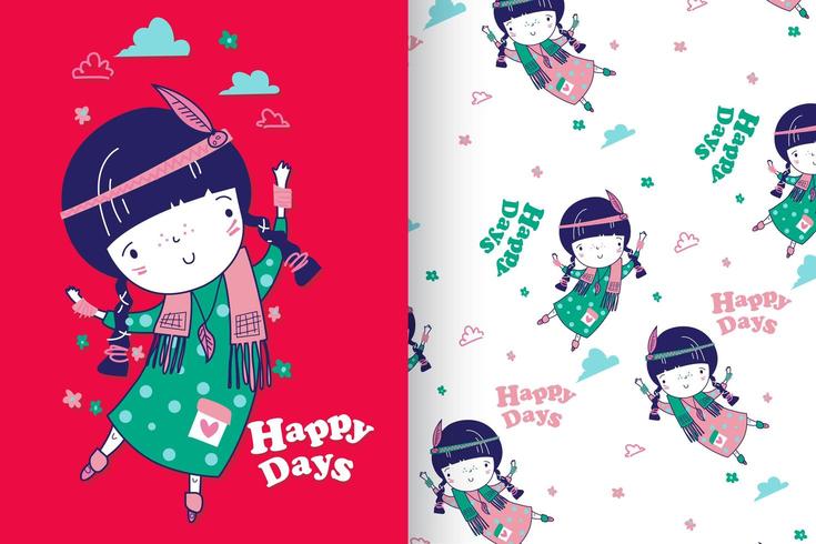 Hand drawn cute girl with pattern set vector