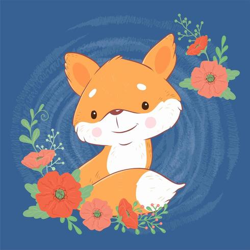 Cute cartoon fox with a bouquet of poppies vector