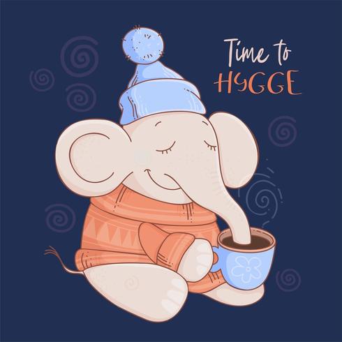 Elephant in a sweater and hat with cocoa vector