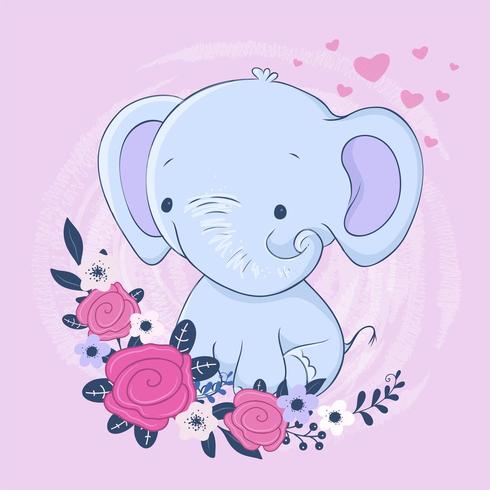 Cute cartoon elephant with a bouquet of roses vector