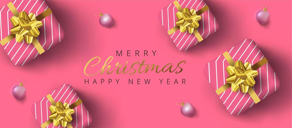 Christmas banner with gold baubles, pink Realistic gift boxes and background vector