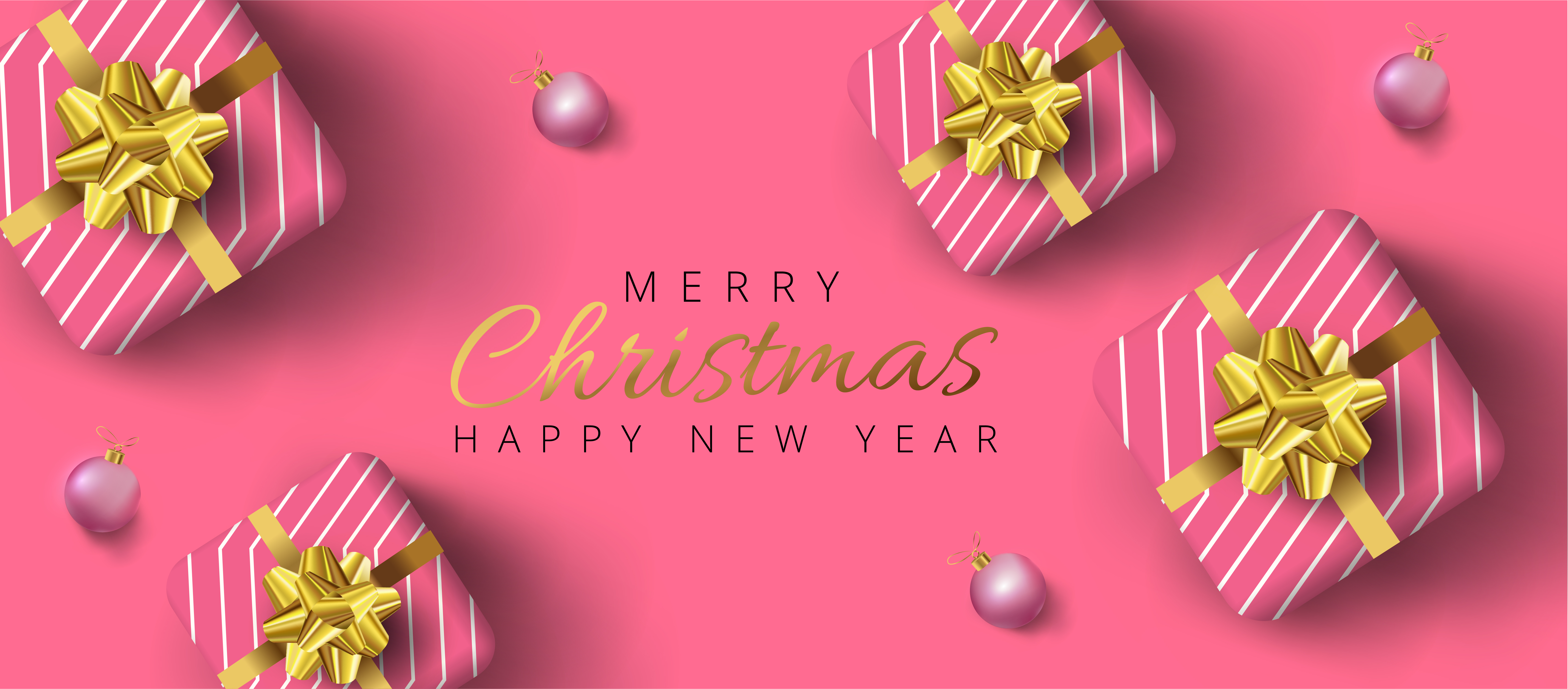 Christmas banner with gold baubles, pink Realistic gift boxes and