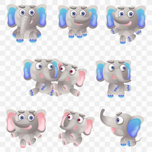 Elefante de dibujos animados con diferentes poses y expresiones. vector