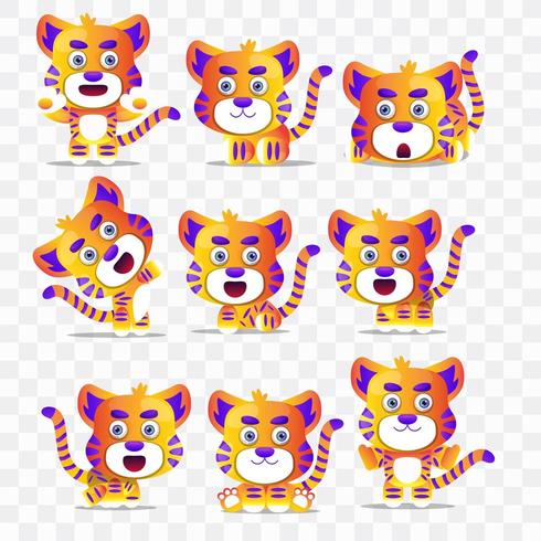 Cartoon tiger with different poses and expressions. vector