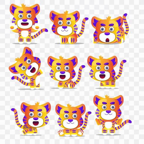 Tigre de dibujos animados con diferentes poses y expresiones. vector