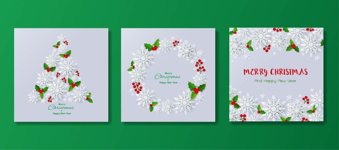 Set of happy new year and Merry Christmas snowflakes greeting card or background vector