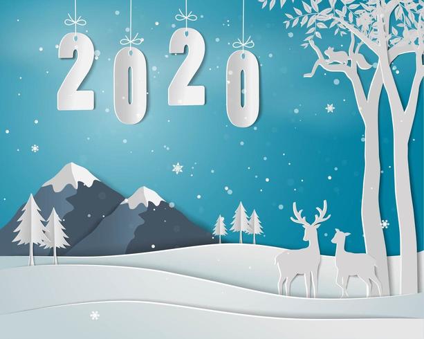 Feliz año nuevo con texto 2020, paisaje invernal con familia de ciervos vector