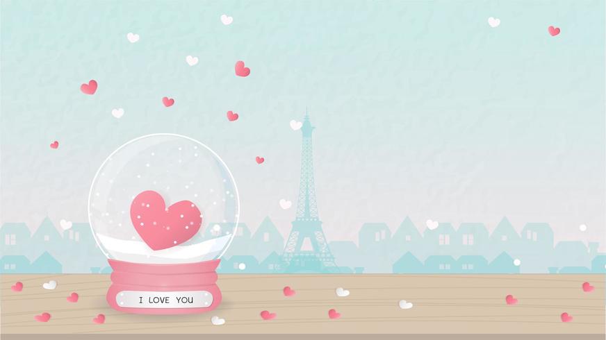 Valentine's card with heart snow globe vector